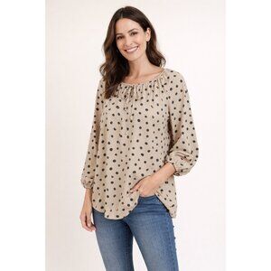 🖤 Como Black Beige Polka Dot Tie Neck Boho Blouse XL 🖤